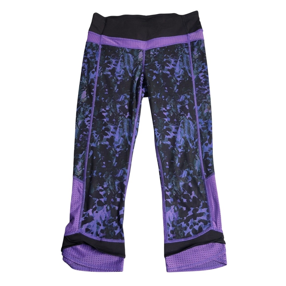 Lululemon Purple Black Floral Mesh Crop Leggings Size 6 Zipper Pocket Running
